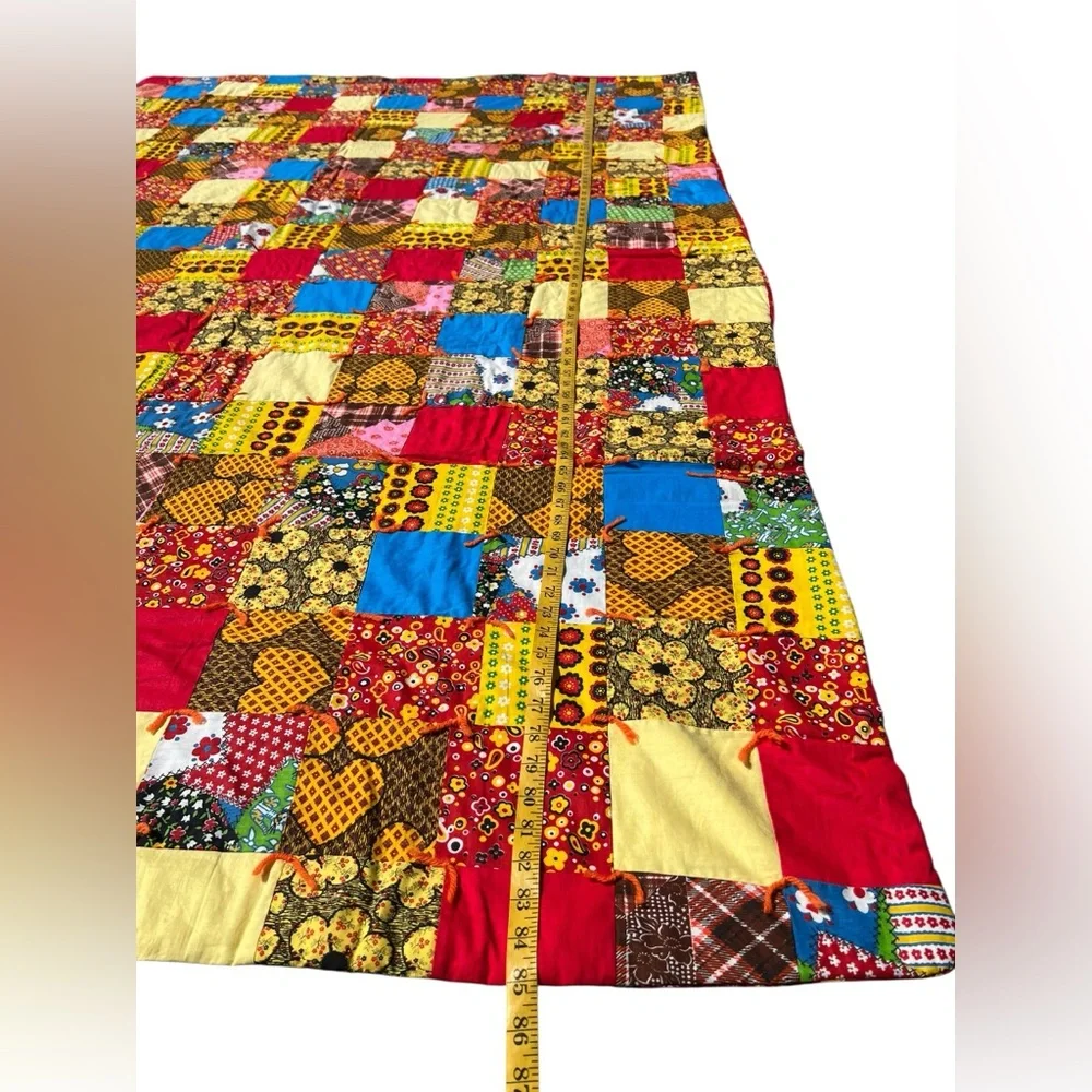 VTG 60s 70s 85x57 Folk Patchwork Boho Quilt Colorful Groovy Retro Handmade OOAK